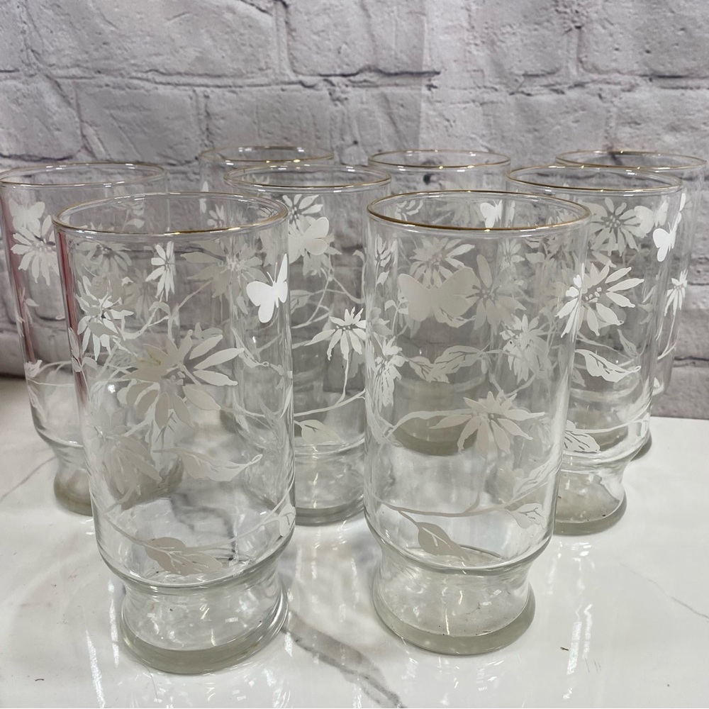 Set Of 8 Libbey Glass Tumblers VTG MCM White 1960s-70s Floral Butterfly Barware